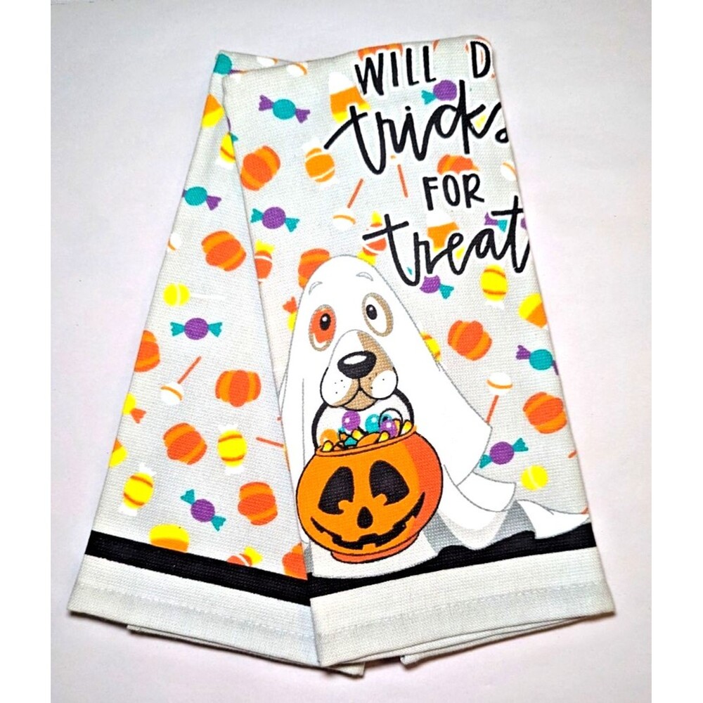 Will Do Tricks for Treats Kitchen Towels Dog in Ghost Costume Candy 2-pc Cotton